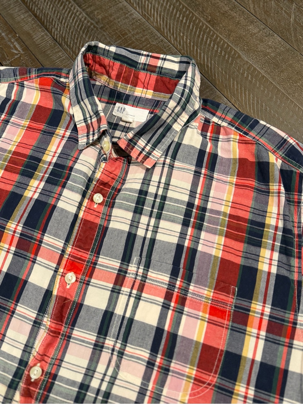 GAP Multicolor Plaid Button-Down Shirt with Red Accents